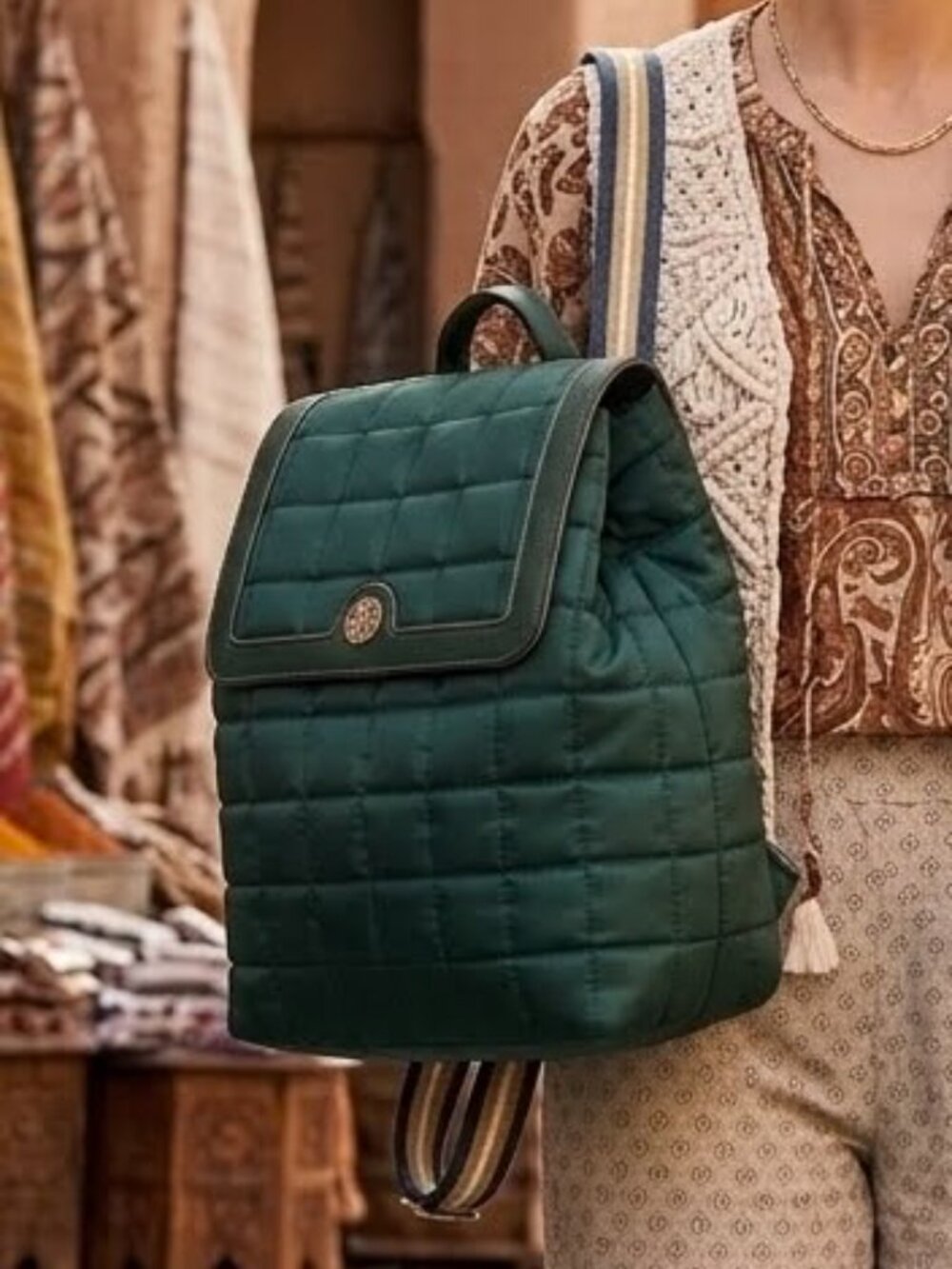 Anne Klein Quilted Nylon Backpack Green Bold Chic Minimalist Travel